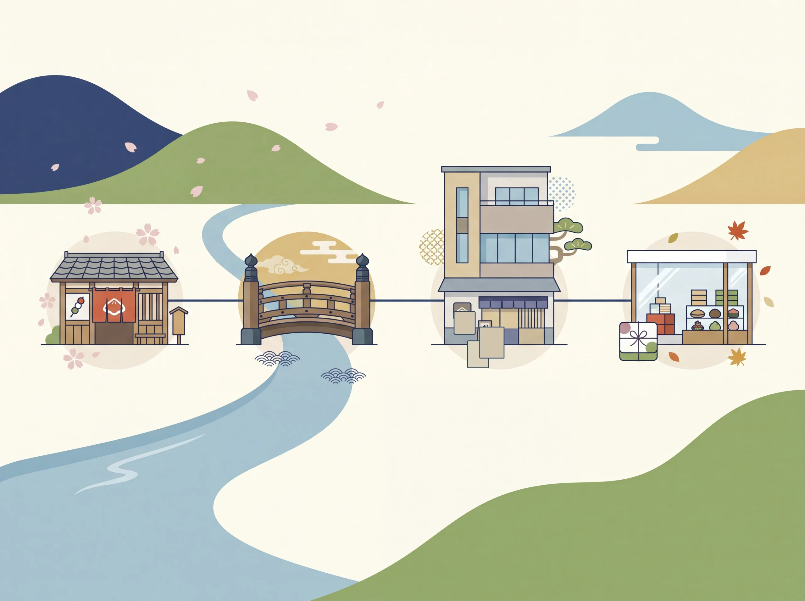 榮太樓總本鋪の歴史と日本橋での歩みを示すタイムライン風イラスト